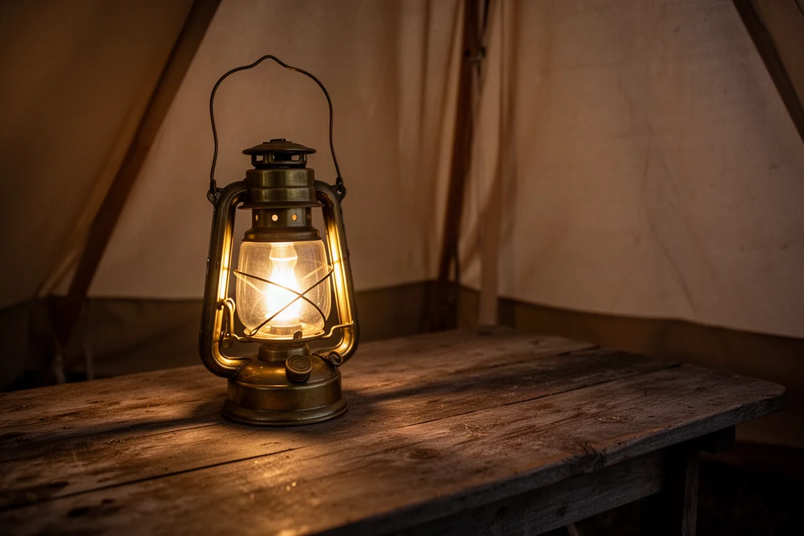 Vintage brass pressure lantern glowing warmly on a wooden table at dusk