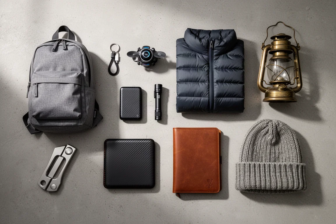 Flat-lay of ten gear products including a backpack, flashlight, power bank, jacket and lantern on concrete