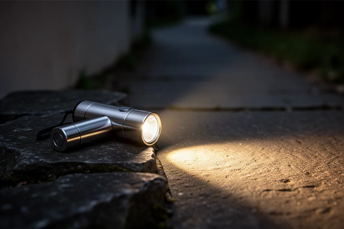 Compact tactical flashlight casting a broad beam on a dark path at night