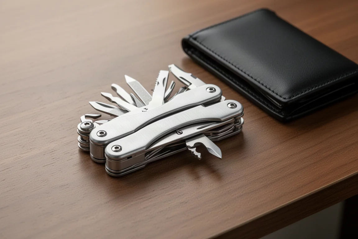 Slim aluminium pocket multi-tool opened on a wooden desk