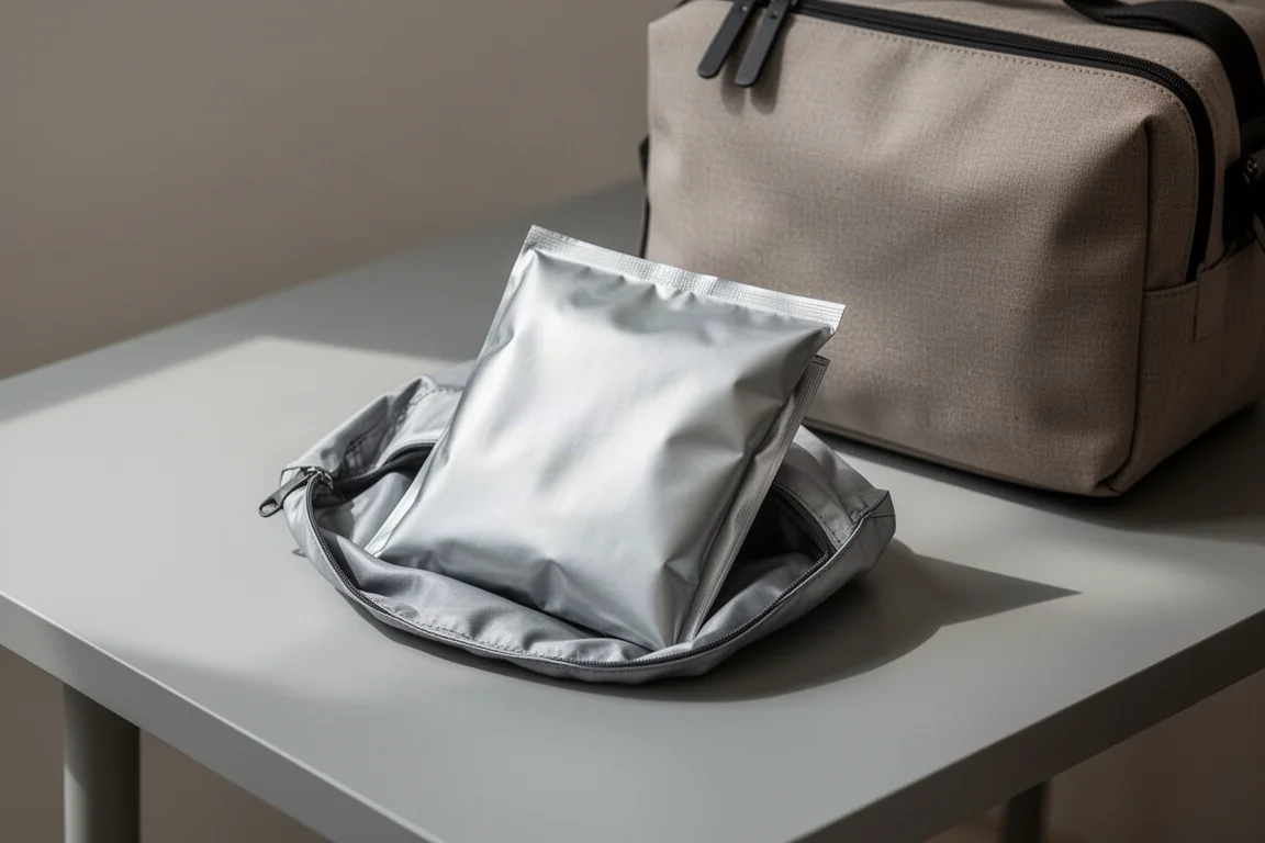 Ultra-light waterproof jacket packed into its own hood pocket beside a travel bag