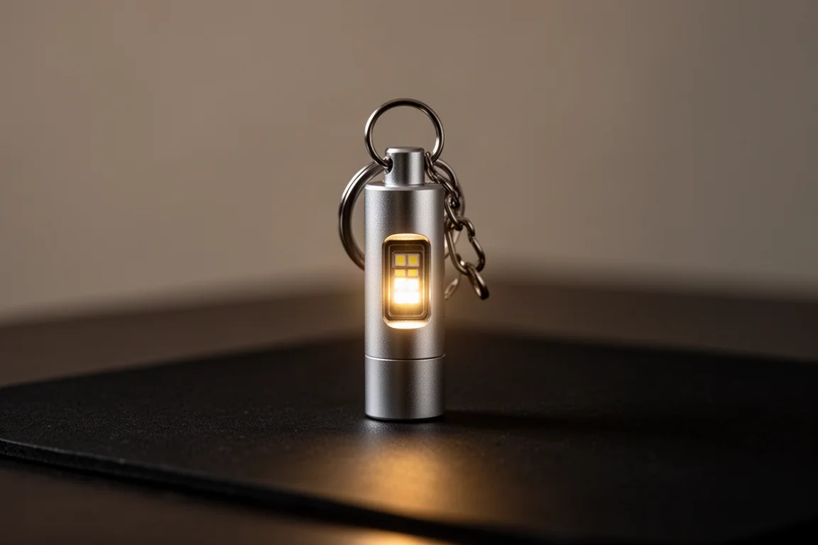 Tiny aluminium keychain flashlight glowing softly on a dark surface with OLED display lit