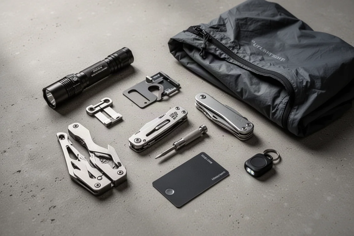 Flat-lay of everyday carry gear including flashlights, multi-tools, a jacket and accessories on concrete
