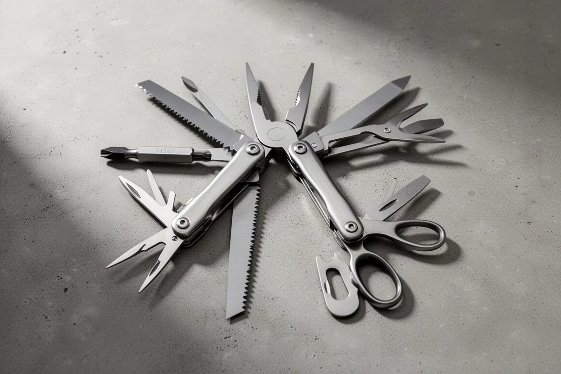 Multitool mit Zange und Klingenwerkzeugen fächerförmig geöffnet auf grauer Oberfläche