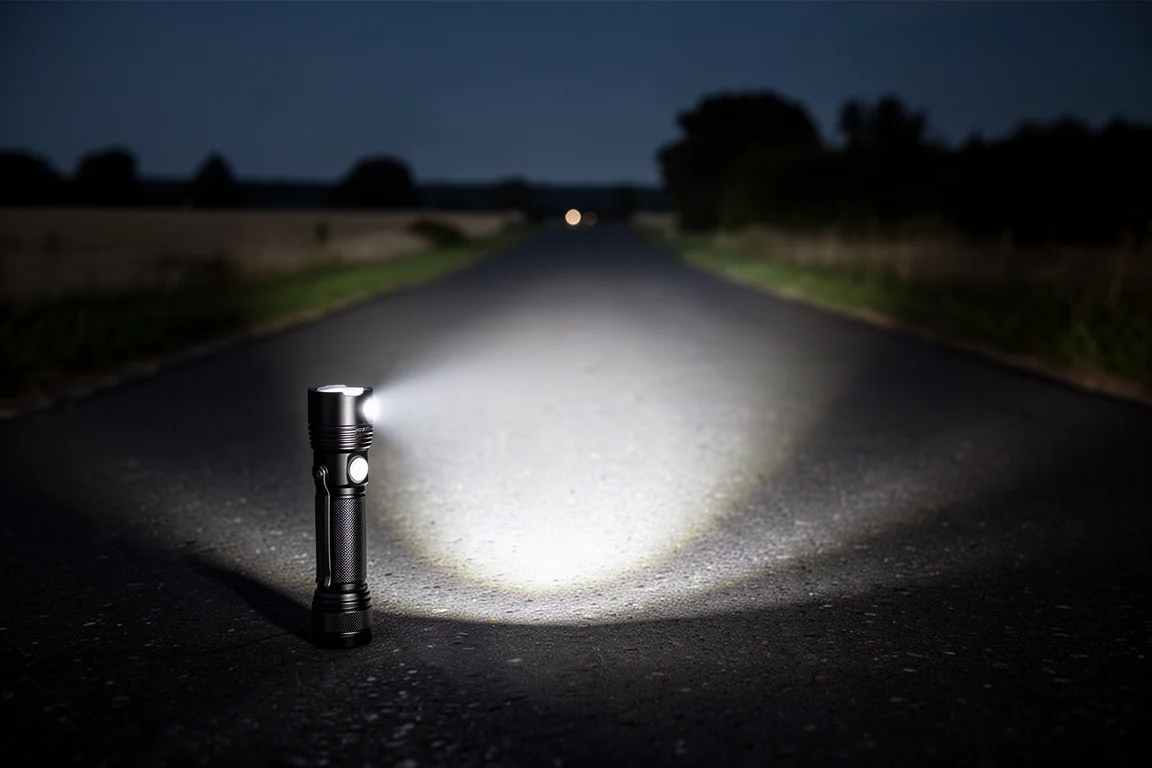 Kompakte Dual-Beam-Taschenlampe wirft nachts einen langen hellen Lichtstrahl über eine dunkle Straße