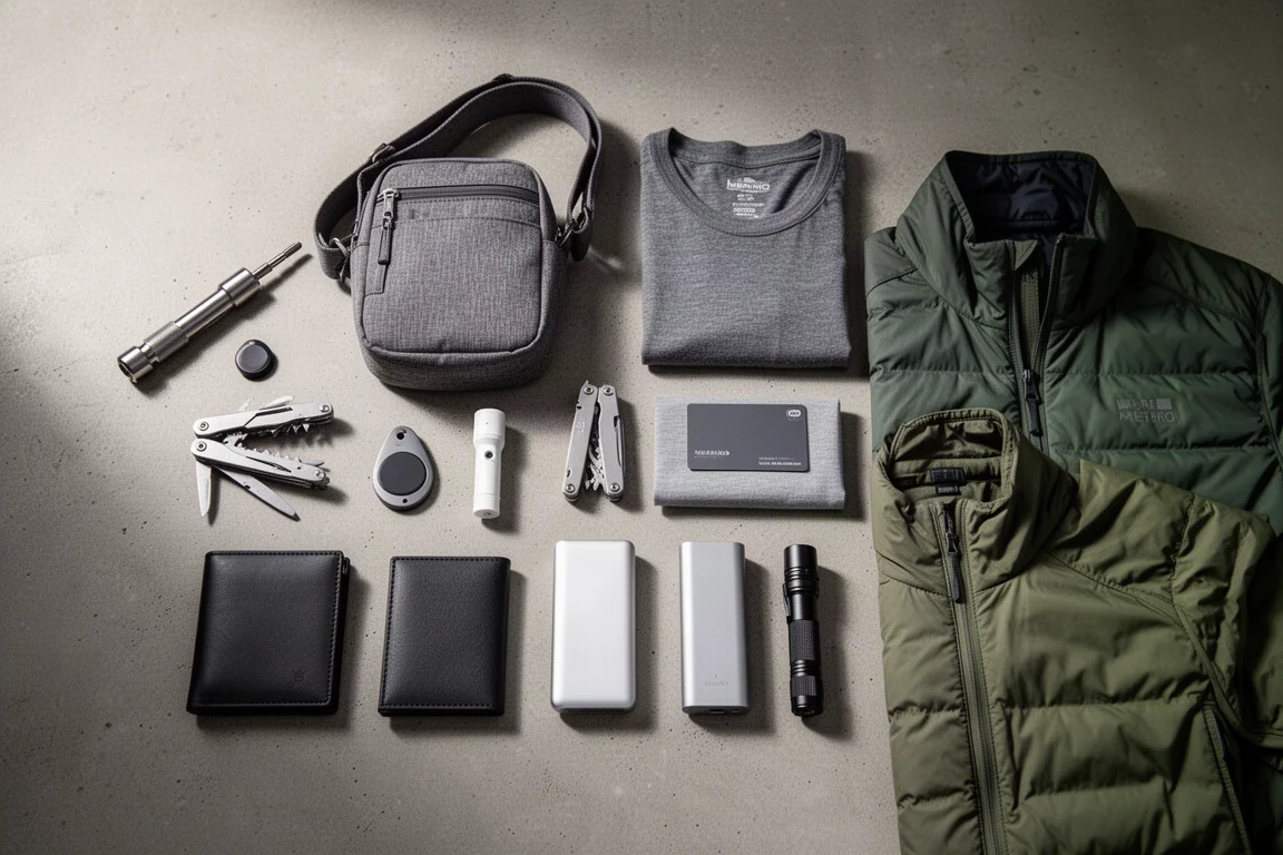 Dieci prodotti everyday carry disposti su una superficie di cemento