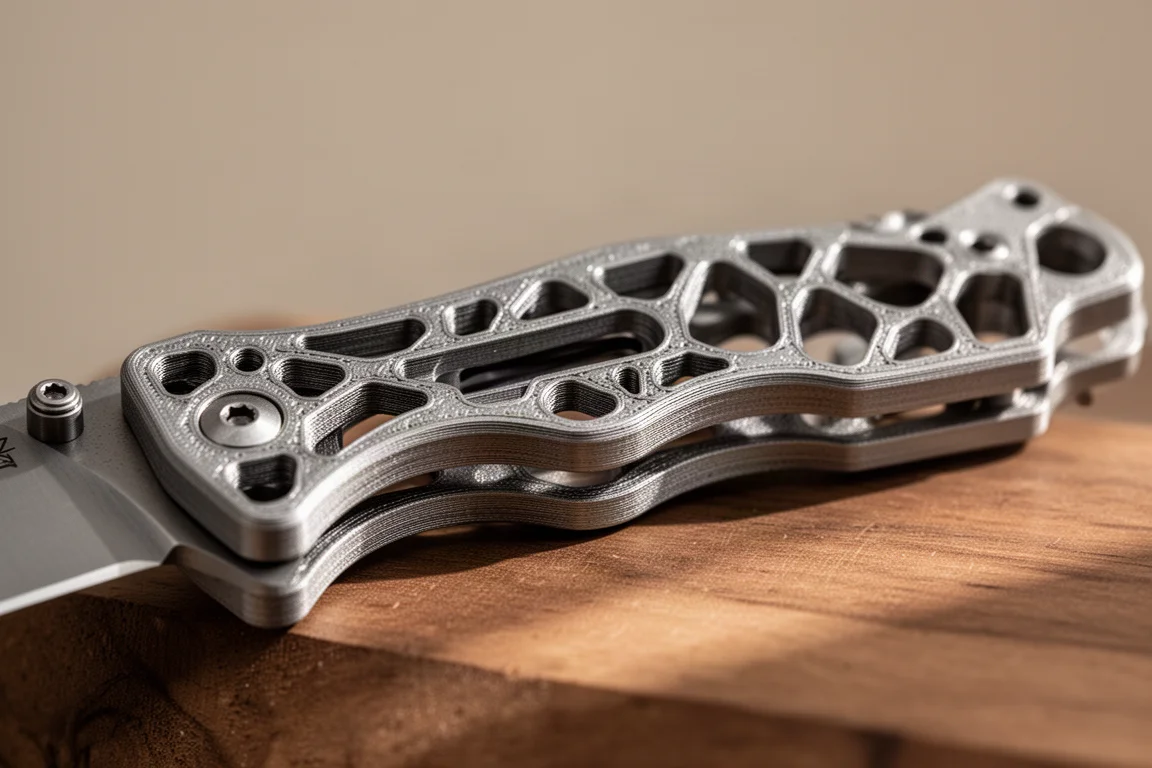 Gros plan sur la manche d'un couteau en titane imprimé en 3D montrant des contours creux complexes