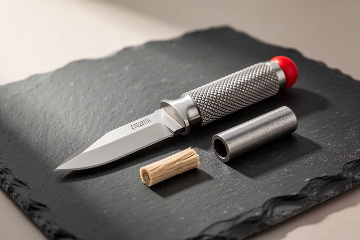 Minuscule couteau de survie à manche moleté démonté pour montrer la pierre à feu et le bouchon d'amadou
