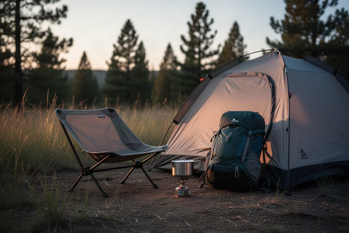 Low camp chair beside a lightweight tent at a dusk campsite