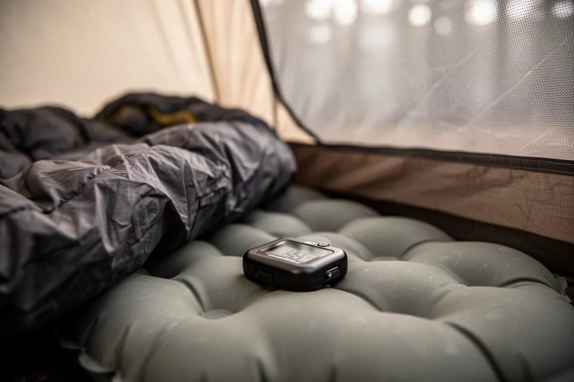 Pocket thermometer resting on a sleeping pad inside a tent