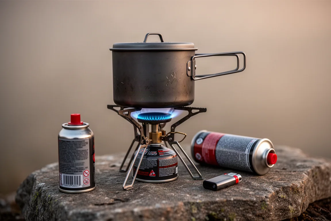Canister stove with a titanium pot and blue flame at a camp kitchen