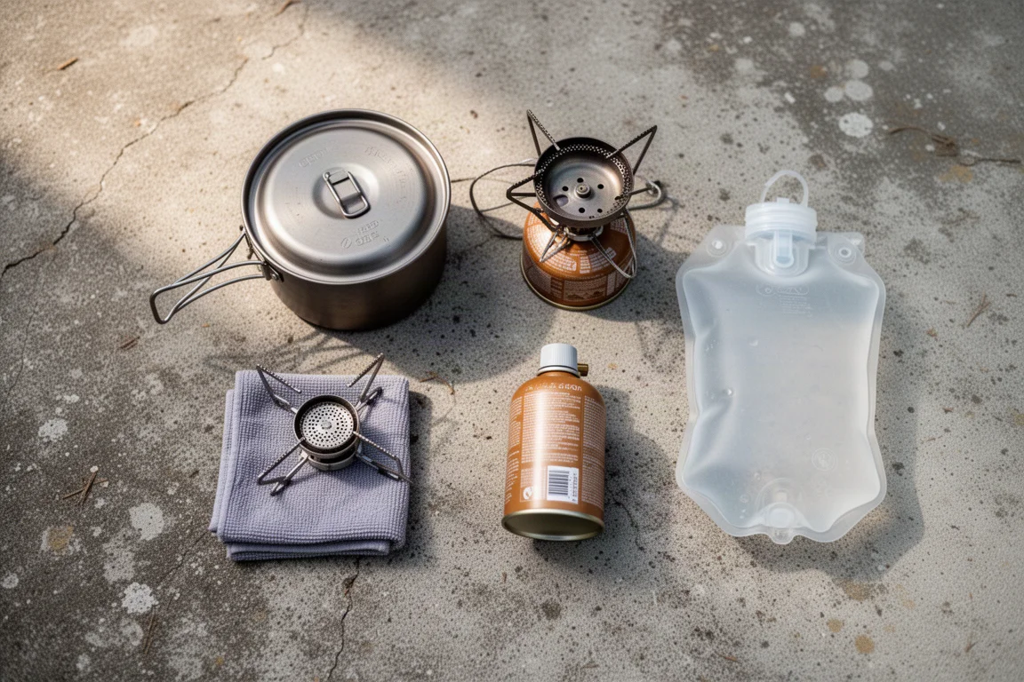 Overhead flat-lay of a backpacking cook kit and water bag on concrete