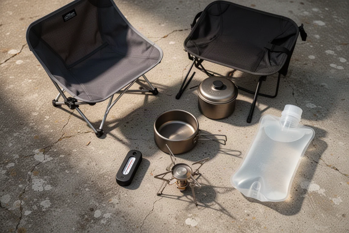 Flat-lay of backpacking gear including a camp chair, thermometer, titanium pot, stove and water bag