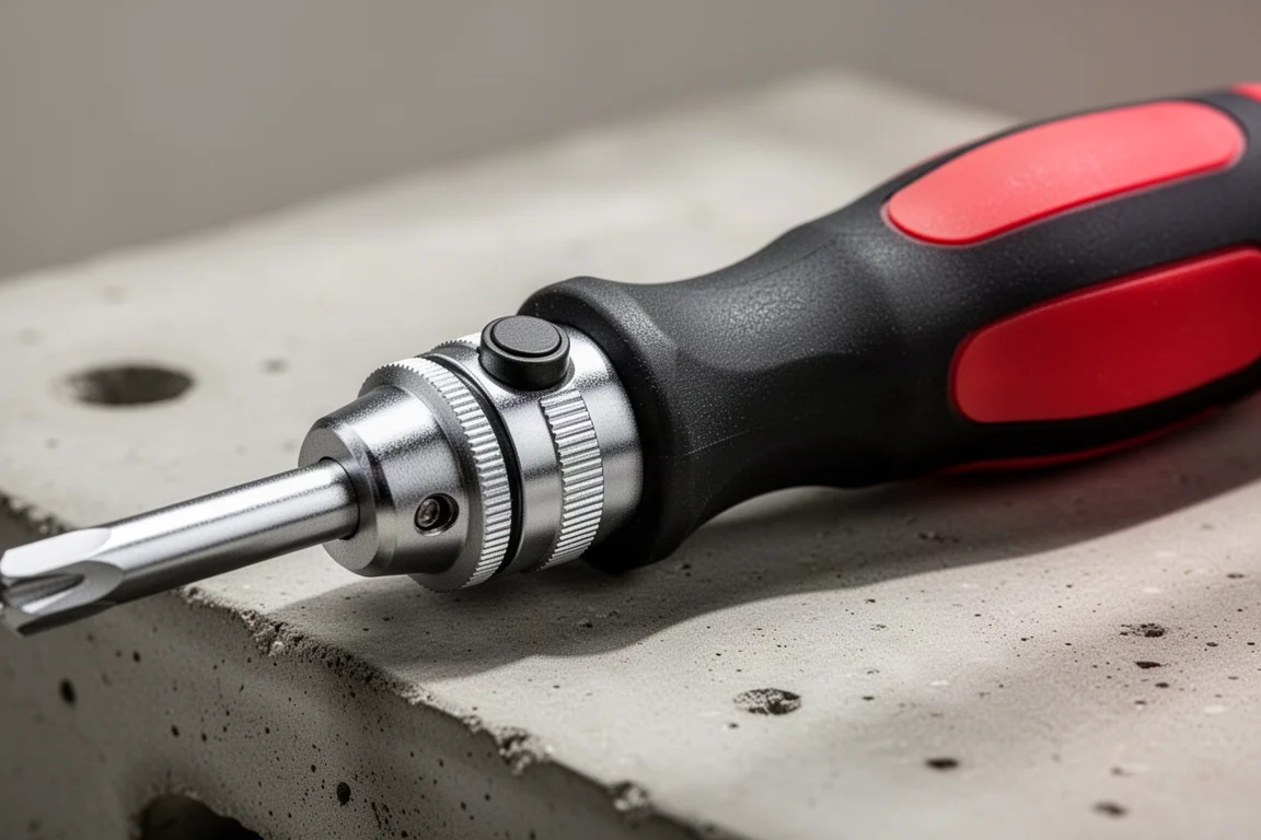 Close-up of a ratcheting screwdriver collar with a push button on a workbench