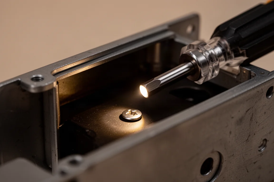 Screwdriver with a small LED light illuminating a screw in a dark recess