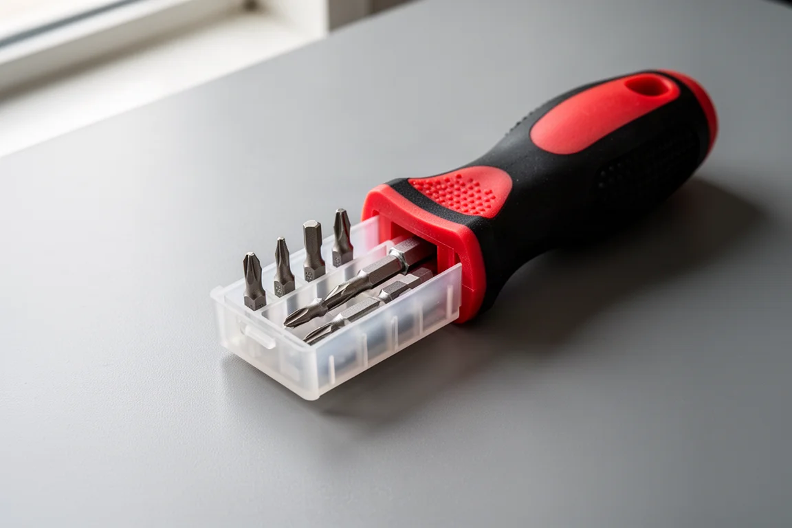 Bit holder tray sliding out of the rear of a screwdriver handle