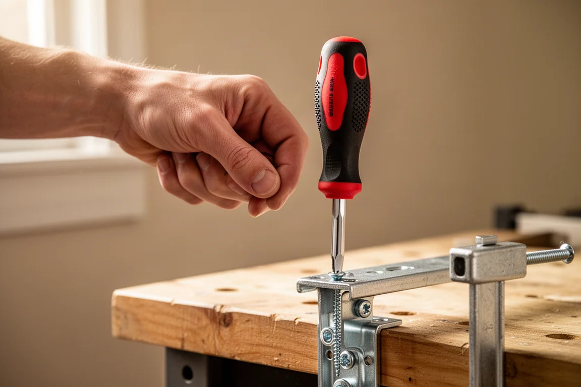 Hand gripping a ratcheting screwdriver over a repair task on a bench