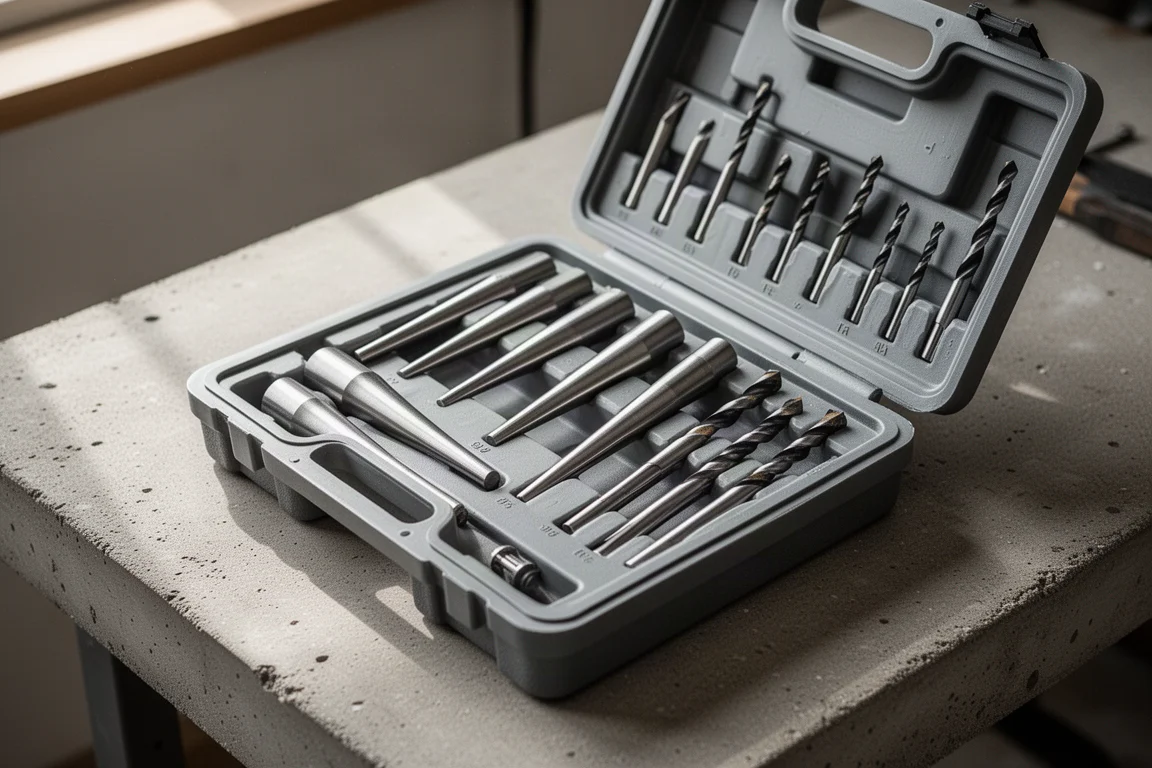 Open extractor kit case with tapered steel extractors and drill bits in fitted slots