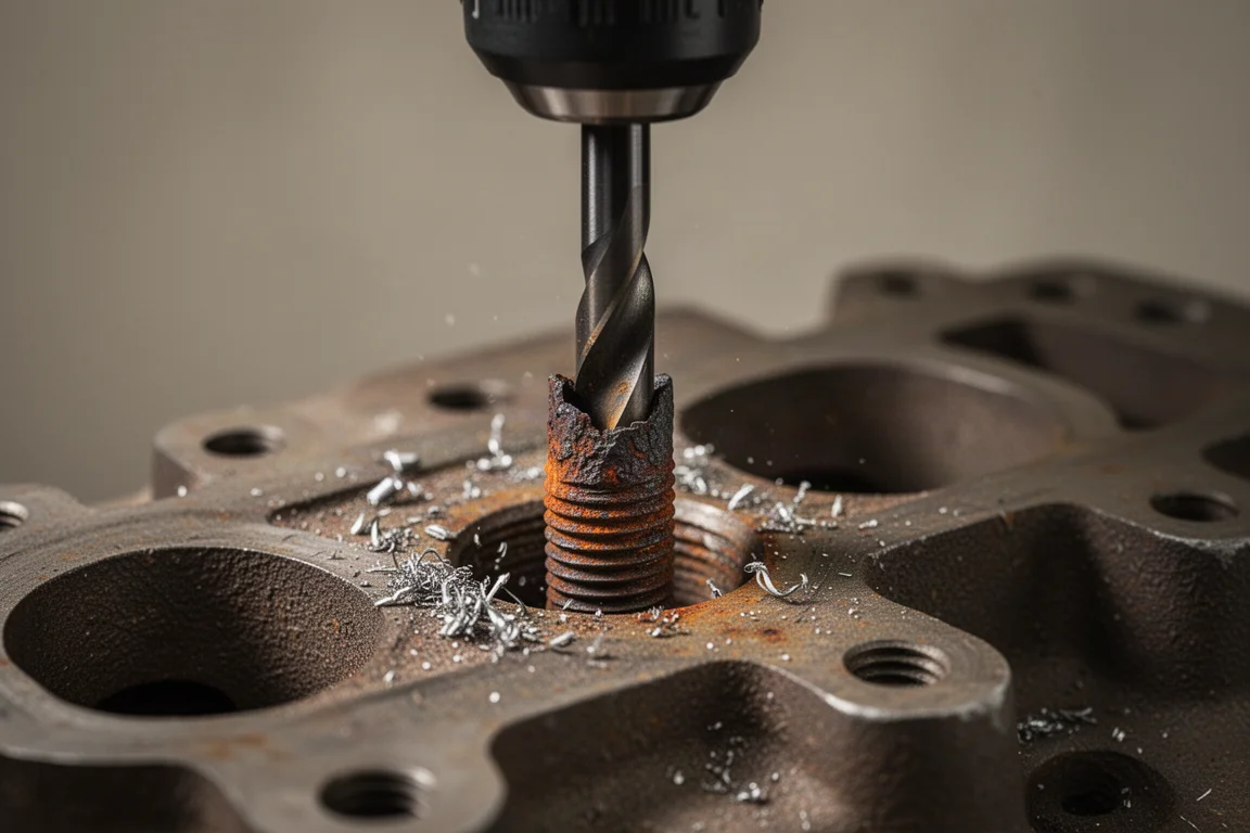 Close-up of a drill bit cutting into the center of a rusted broken bolt on an engine part
