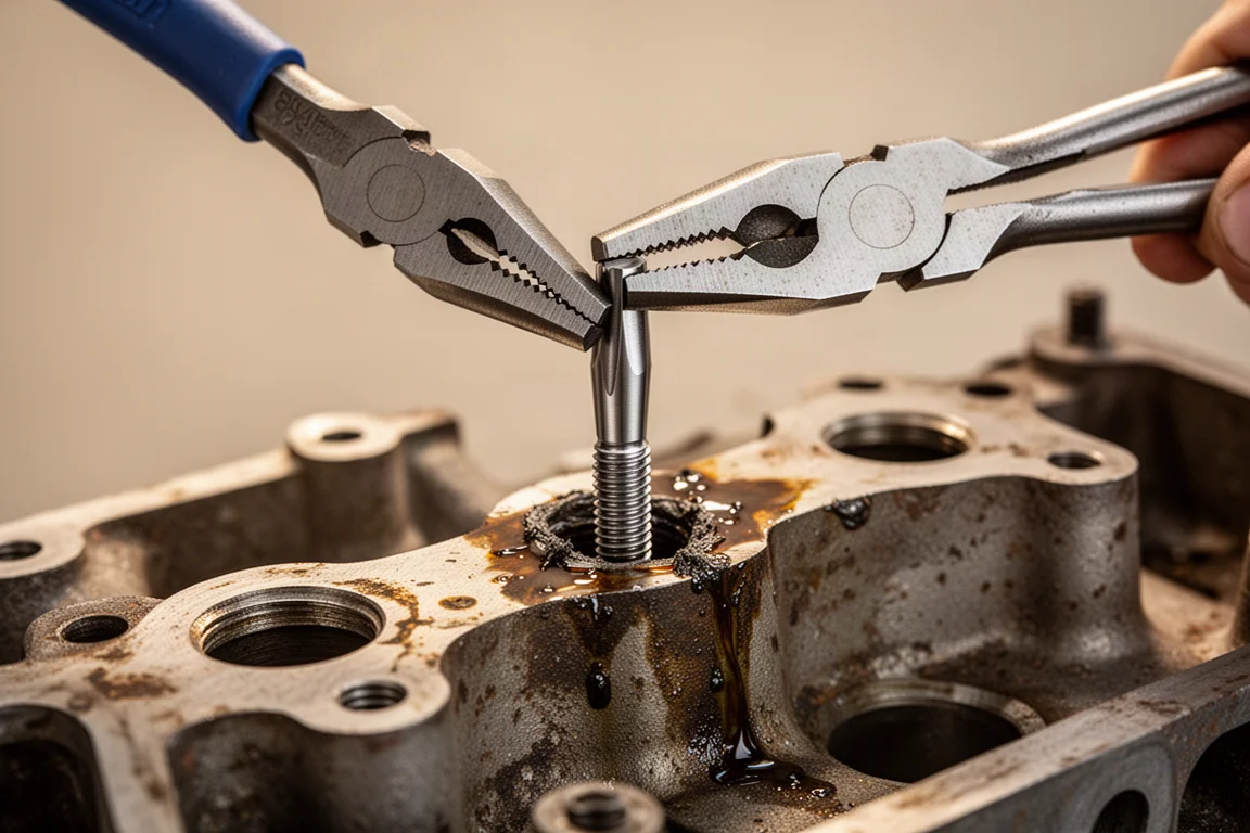 Pliers gripping a small tapered extractor seated in a broken bolt during extraction attempt