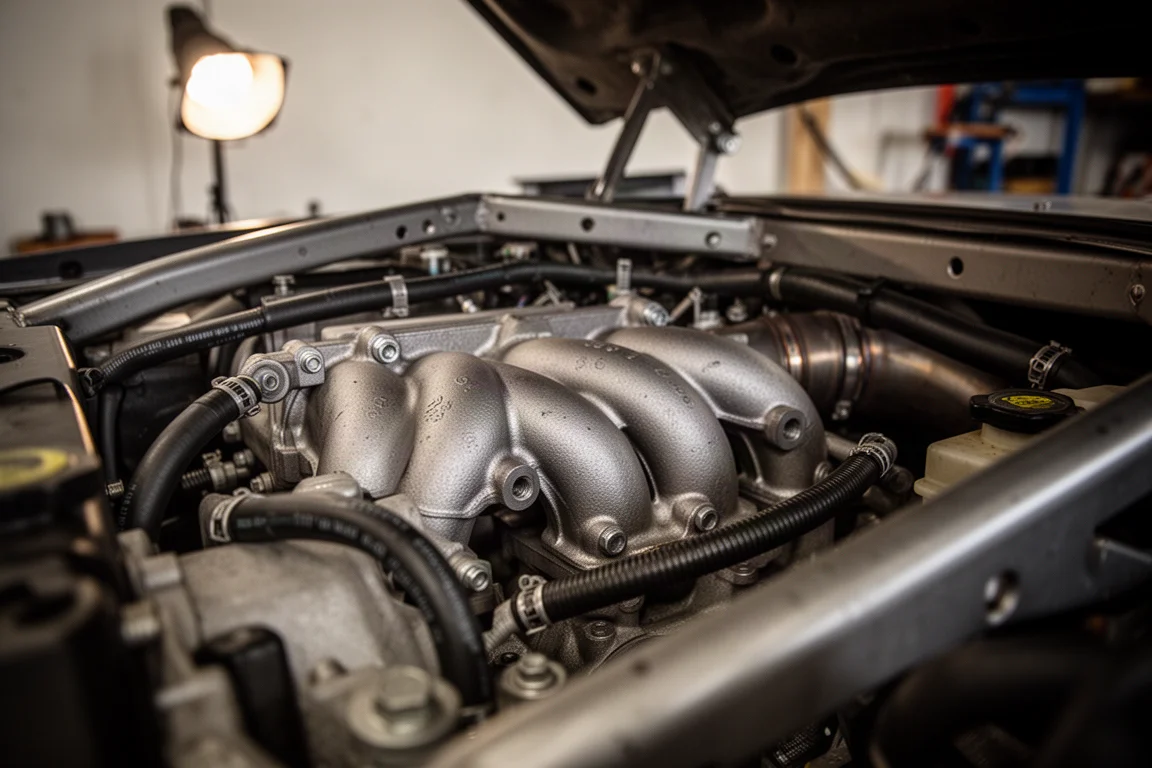 Crowded engine bay showing tight clearance around an exhaust manifold