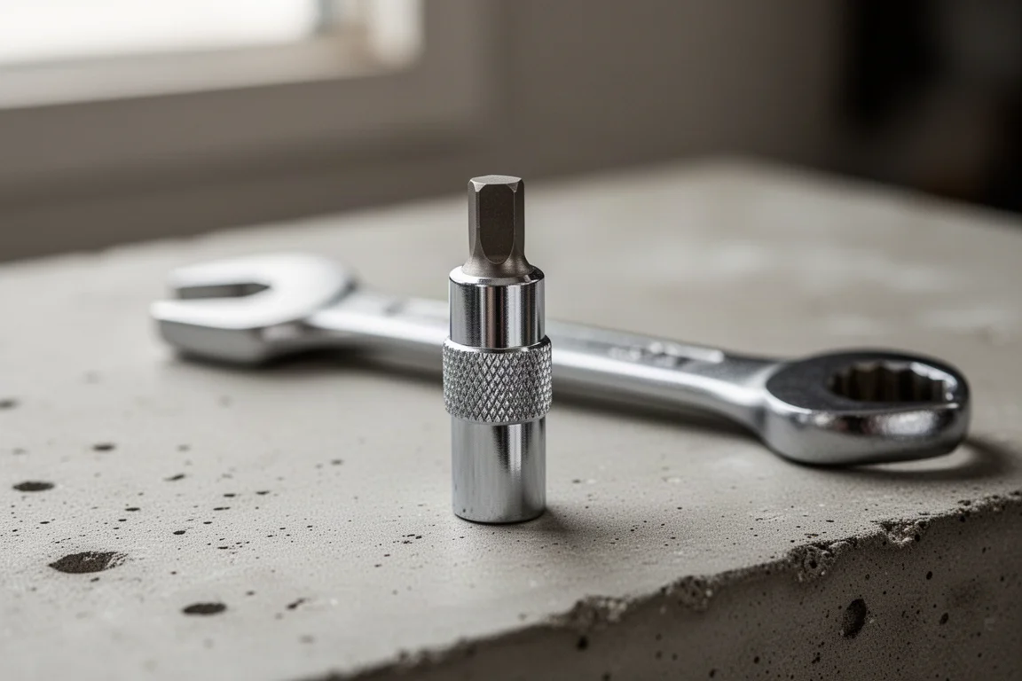 Knurled cylindrical adapter with square drive resting on a workshop bench