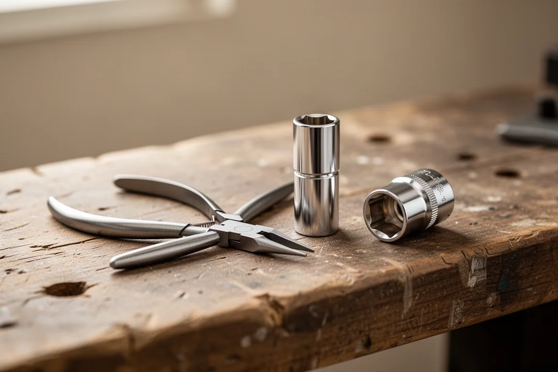 Pliers gripping a small adapter on a workbench during socket work