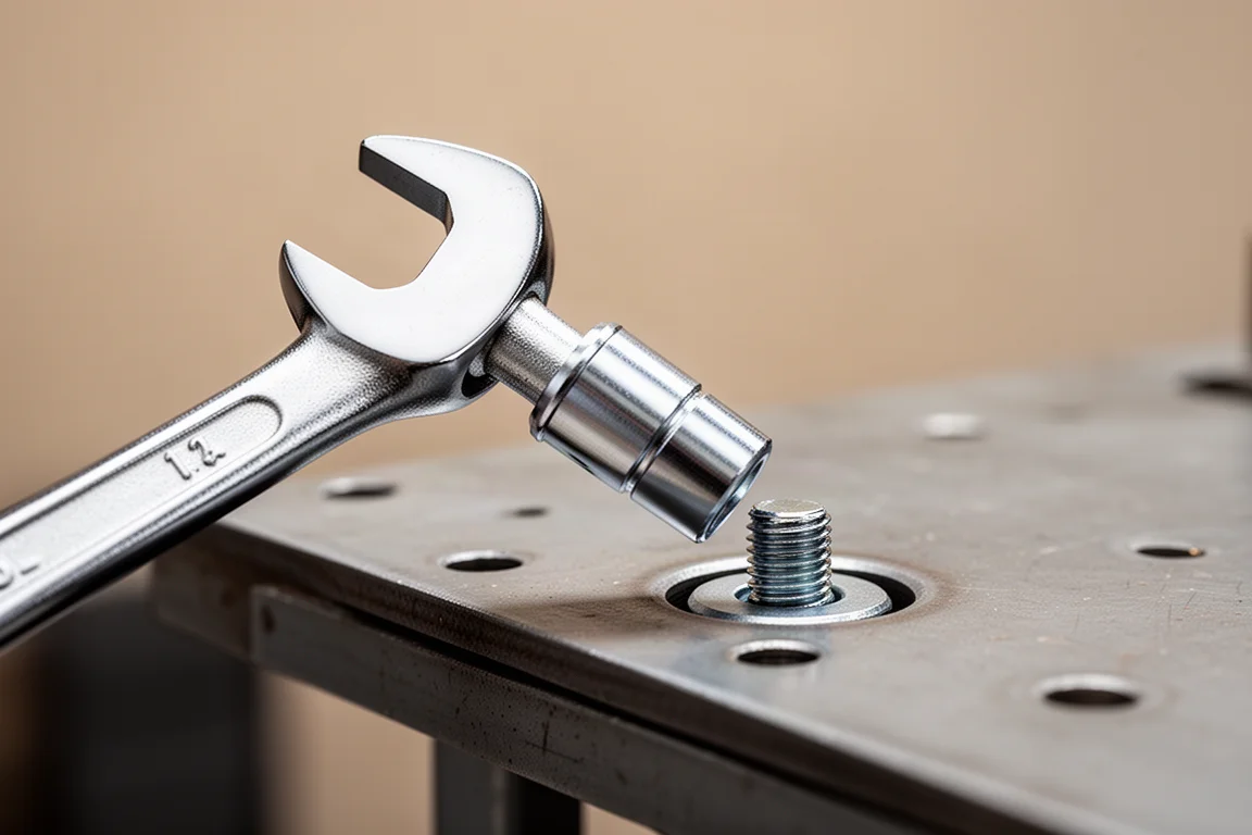 Open-end wrench attached to the adapter reaching into a tight bolt recess
