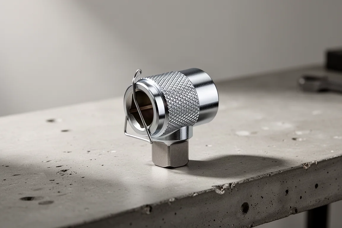 Small chrome wrench-to-socket adapter with knurled collar on a workbench