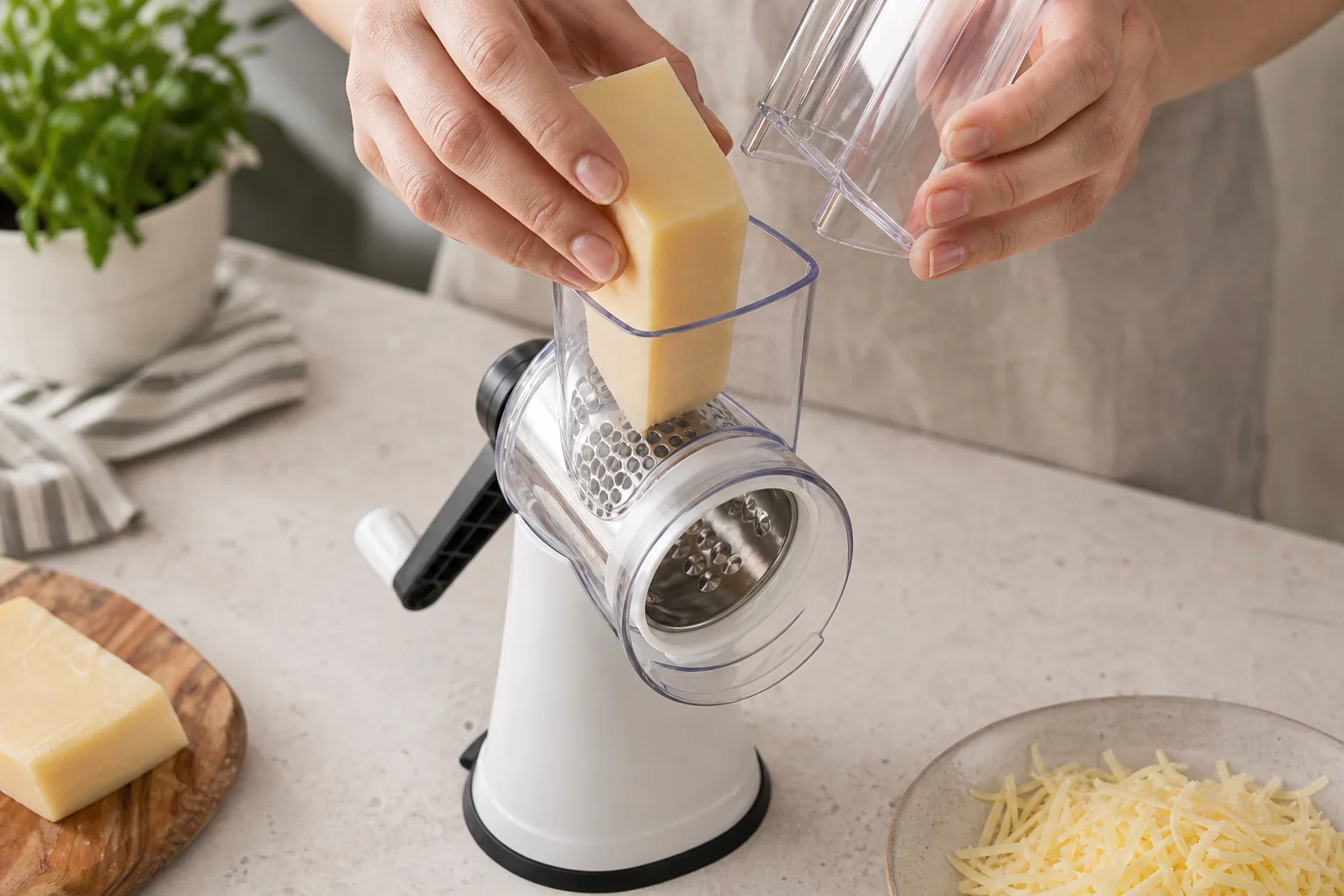 Hands inserting cheese into a rotary grater with push guard