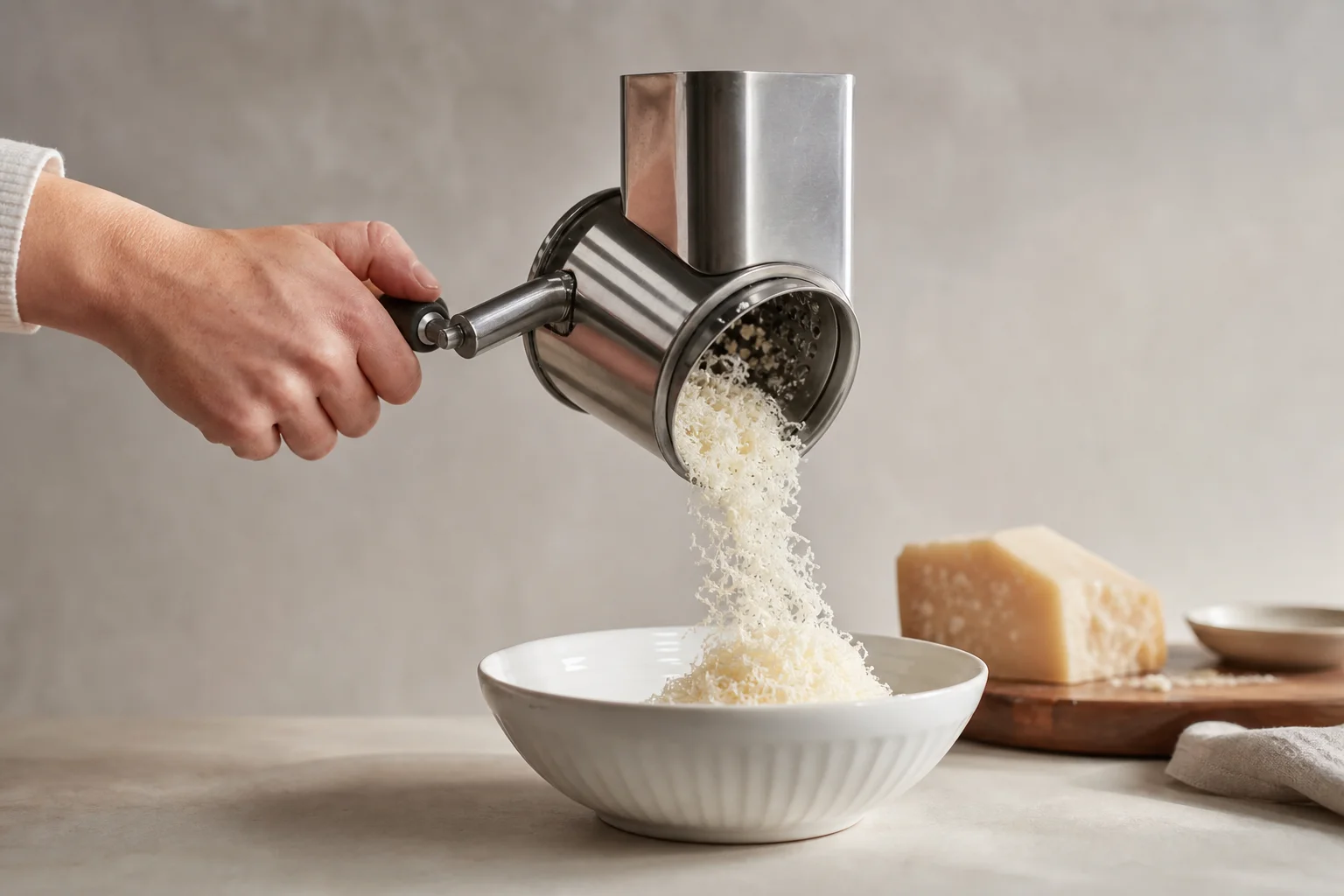 Crank handle being turned to grate cheese into a bowl