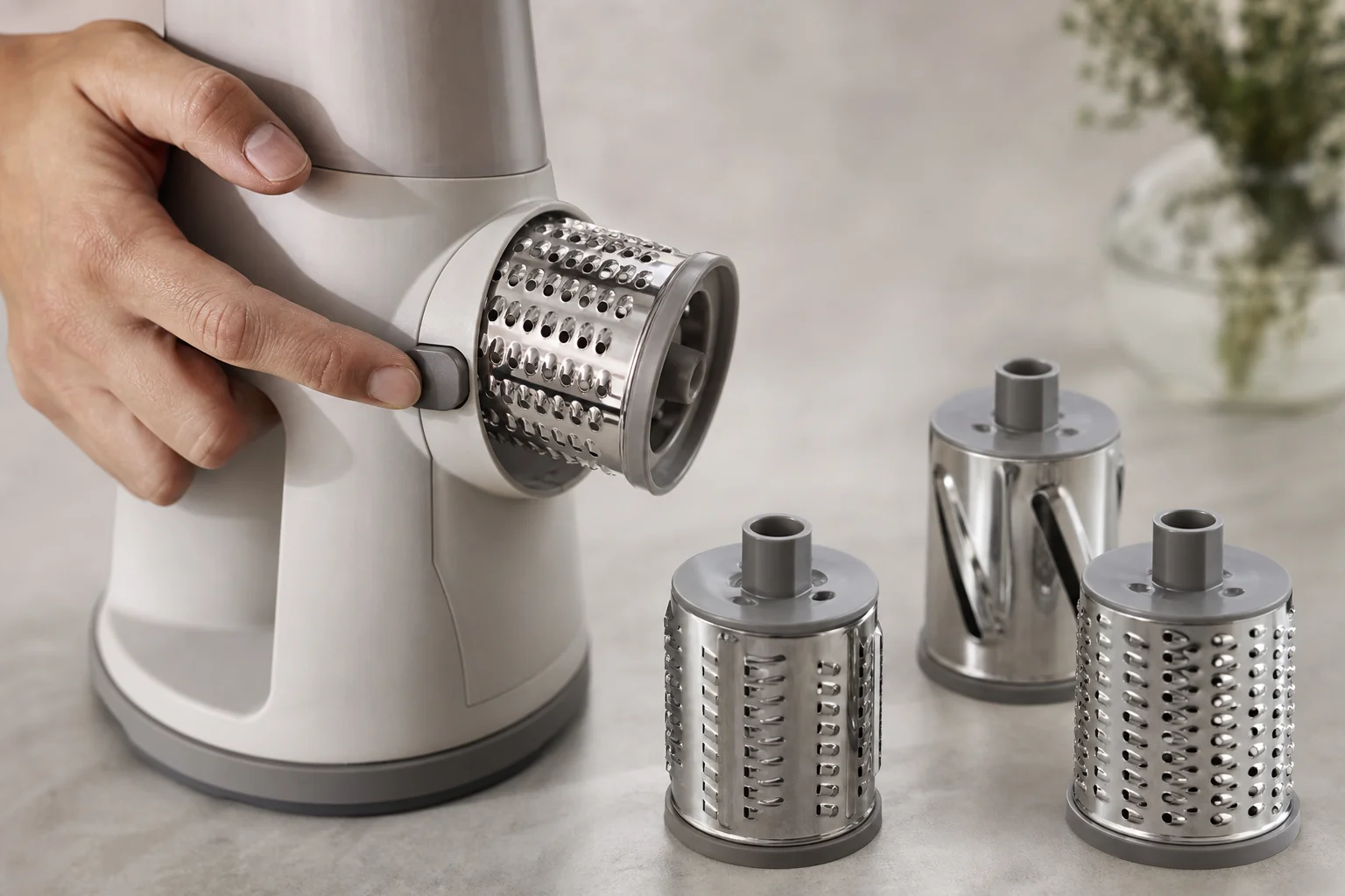 Interchangeable drum being removed from the grater body