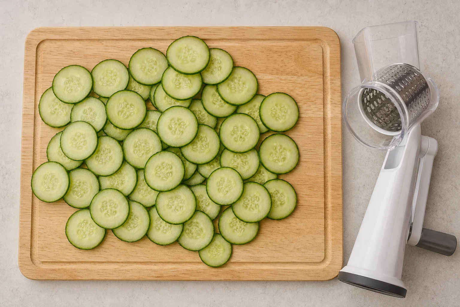 Sliced cucumber on a cutting board next to a rotary grater