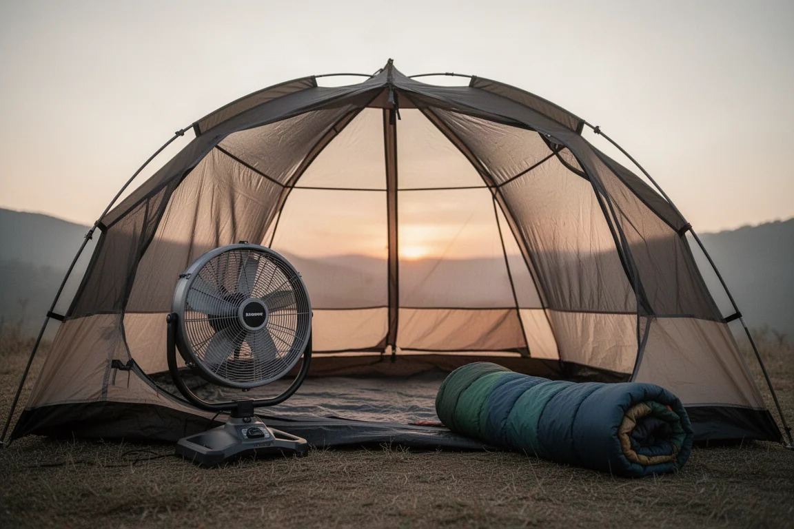 Interior de una tienda de campaña tipo cúpula para seis personas al atardecer con un ventilador de camping en el suelo