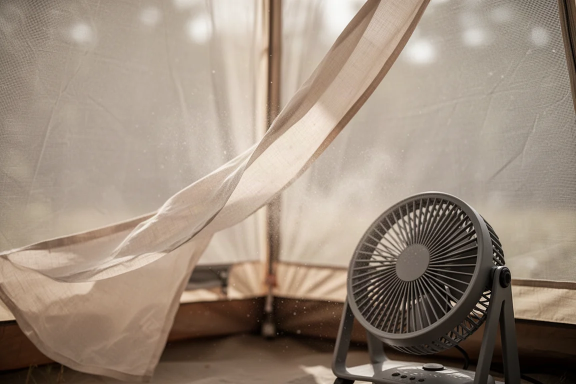Tela ligera ondulando con el flujo de aire de un ventilador de camping dentro de una tienda