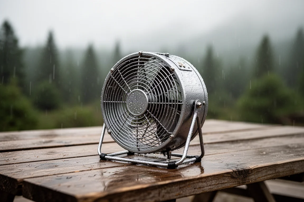 Ventilador de camping metálico sobre una mesa de camping con gotas de lluvia en su rejilla