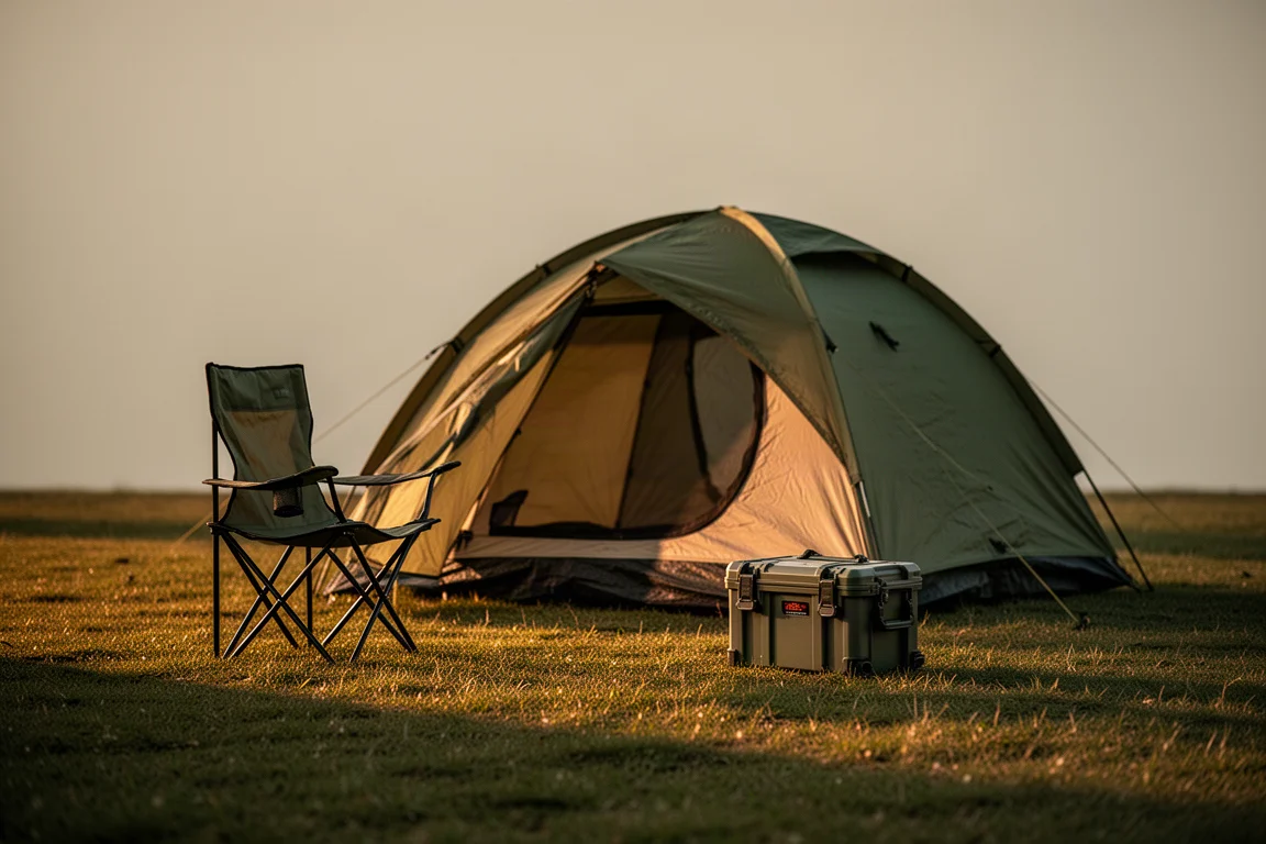 Zona de acampada en la hora dorada con una tienda tipo cúpula, silla de camping y caja de equipo sobre la hierba