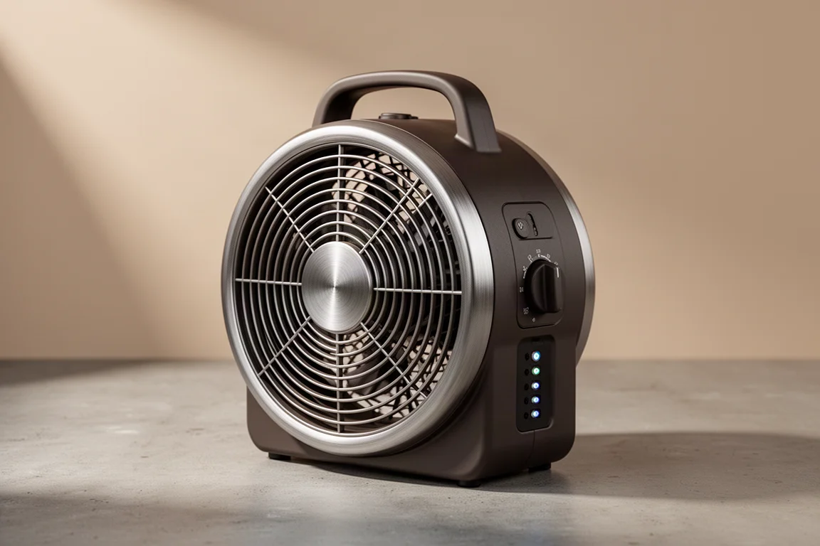 Circular metal portable camping fan with a rotary speed knob on a concrete surface
