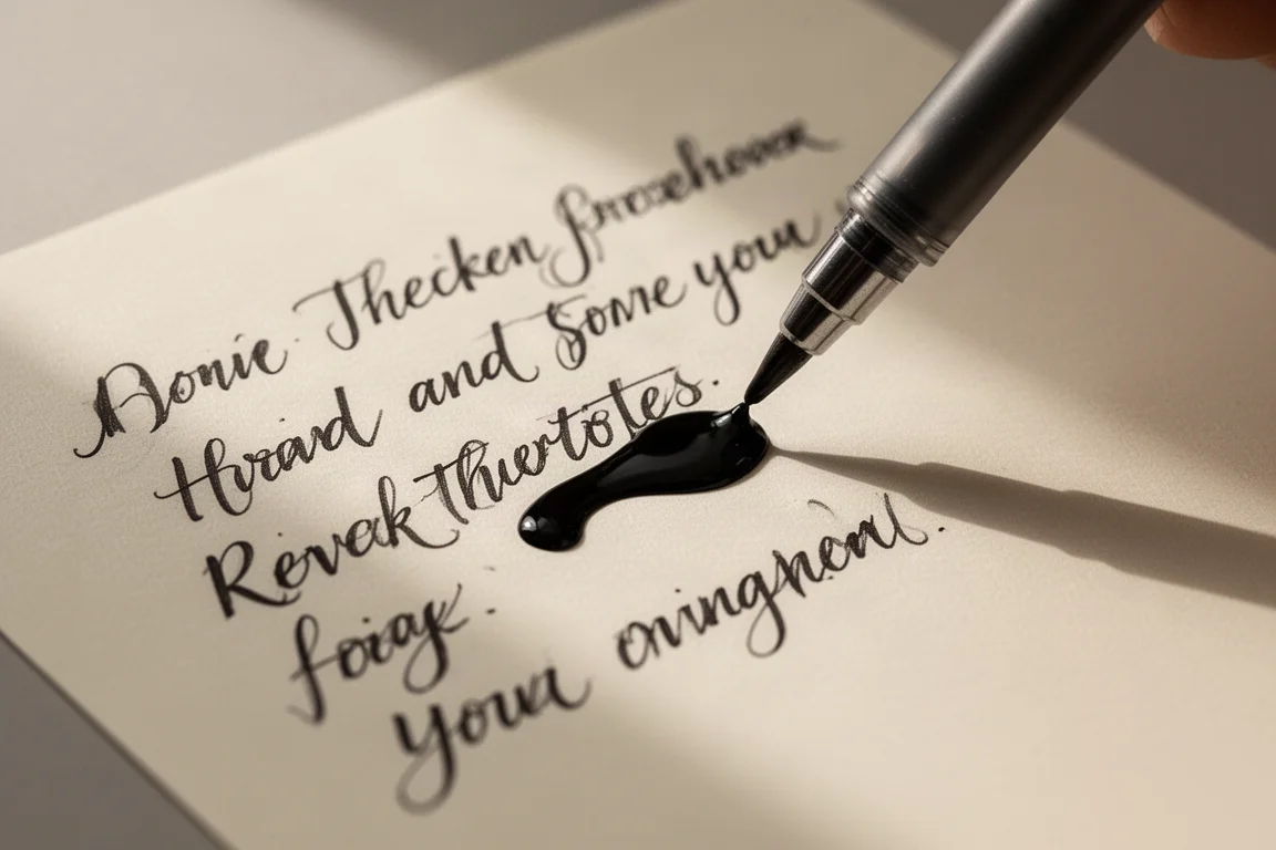 Échantillon d'écriture sur papier crème avec une encre foncée en train de sécher