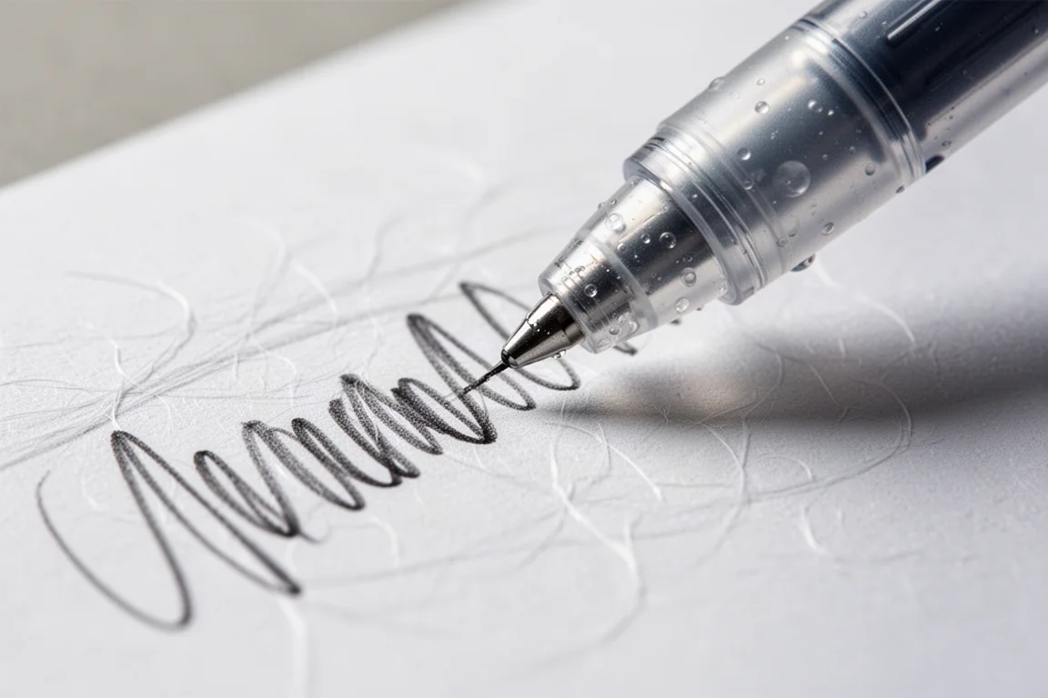 Stylo gel traçant rapidement sur une page avec un léger défaut d'encre