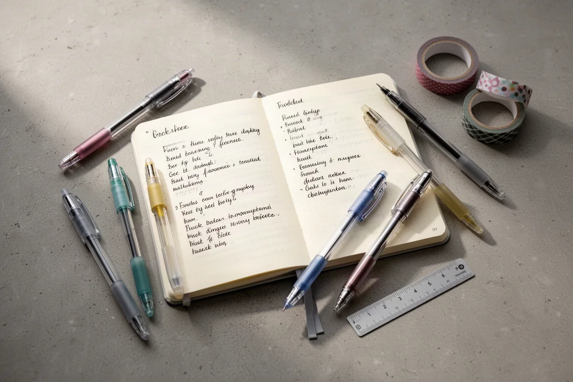 Vue à plat de stylos gel et d'un carnet ouvert sur un bureau en béton