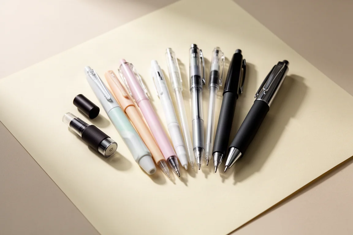 Dieci penne gel assortite disposte su una superficie di carta color crema