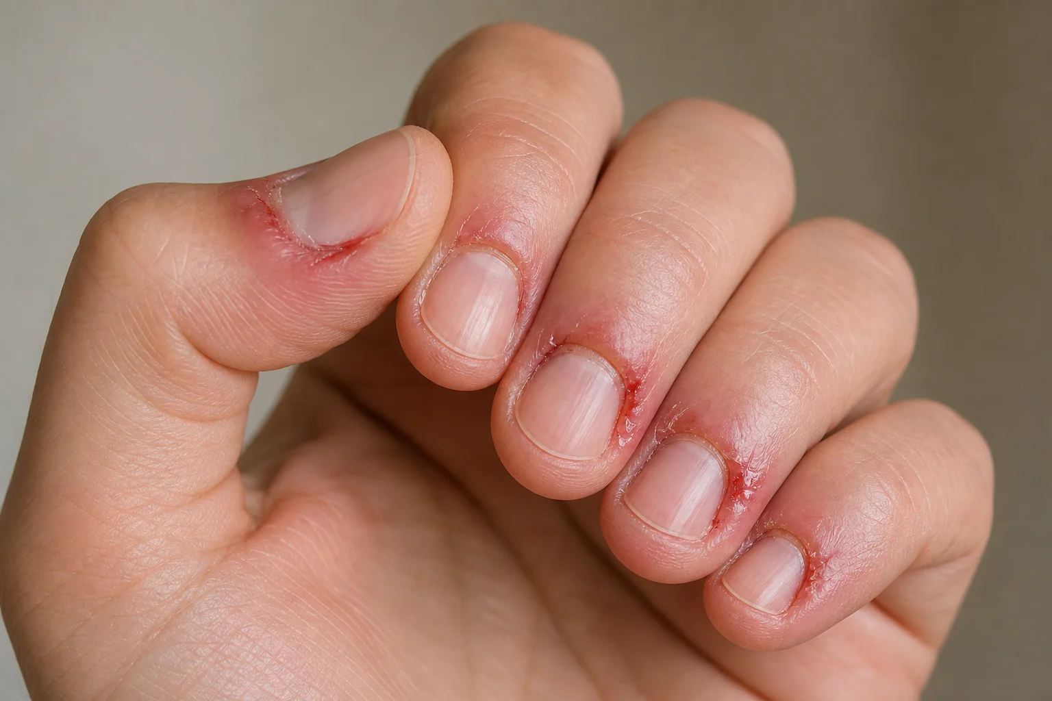 Close-up of inflamed cuticles and nail fold showing allergic reaction