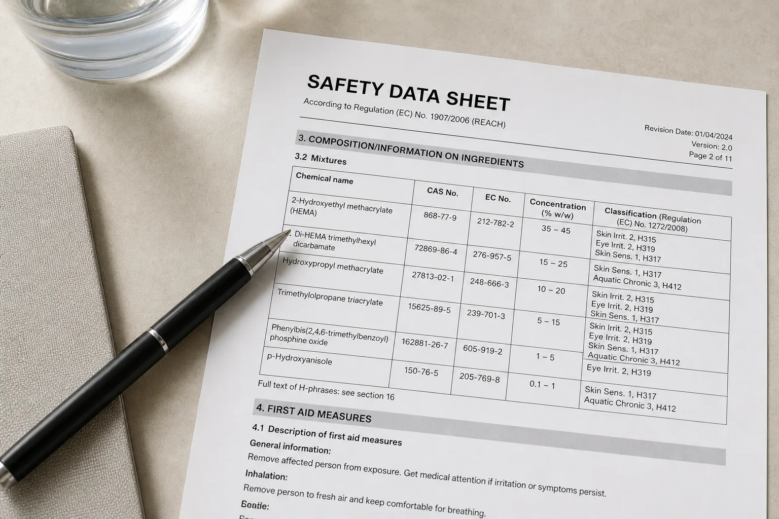 Safety data sheet document with chemical formulas and ingredient lists