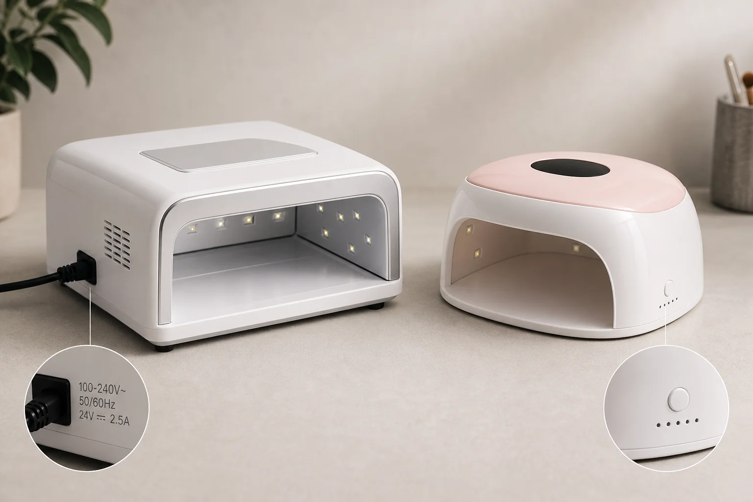 Professional-grade UV lamp next to budget cordless lamp on work surface