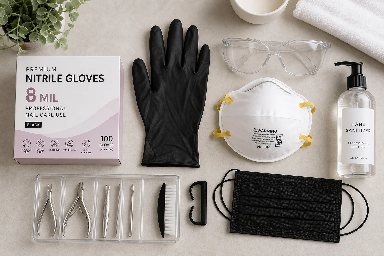 Professional nitrile gloves and N95 respirator mask on nail work station