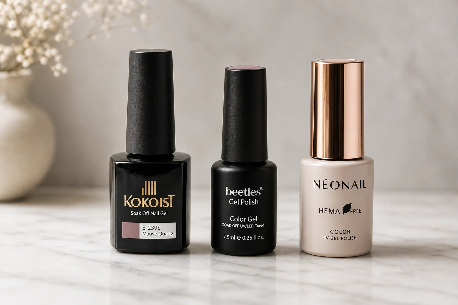 Gel polish bottles ranging from budget to premium brands arranged on marble surface