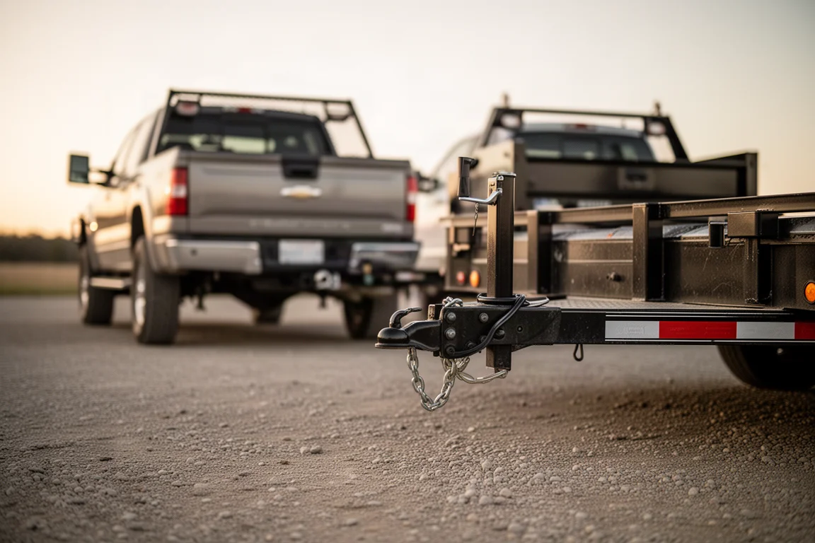 Zware sleepopstelling met een pick-uptruck die een beladen aanhanger koppelt