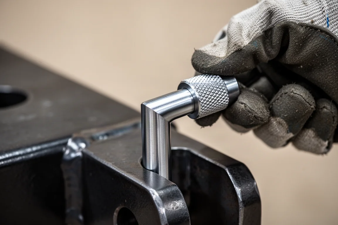 Close-up van een machinaal vervaardigde quick-release trekhaakpen die met de hand wordt gedraaid