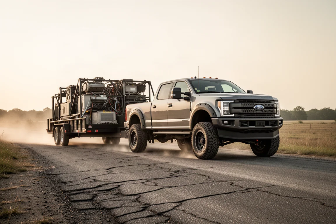 Pick-uptruck die een zware machinerie-aanhanger over een ruile plattelandsweg trekt